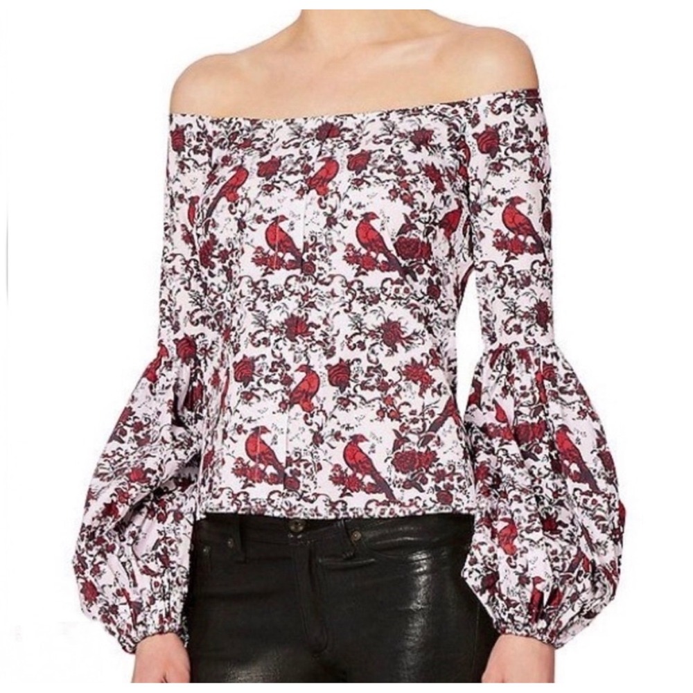 Caroline Constas Cardinal Floral Off Shoulder Puff Sleeve Top White Red Small j3